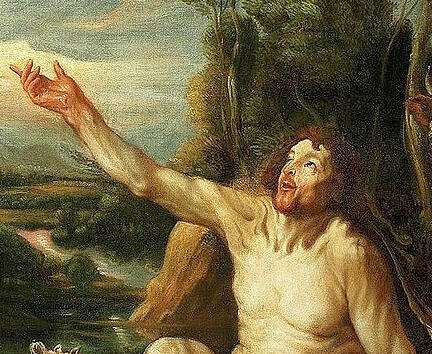 Adam looking up at Eve